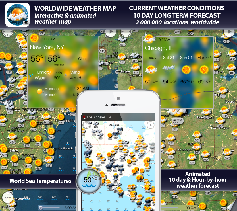 world weather map app, sea surface temperatures, radar, weather forecast, alerts, earthquakes and weather widget for iPhone, iPod, iPad, iOS 7, iOS 8, Android